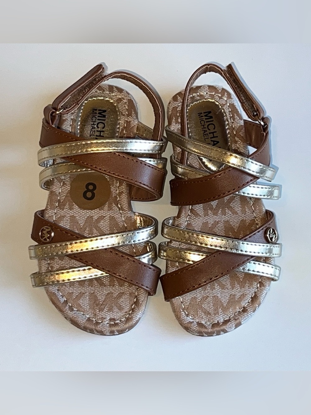 Michael Kors Chantria Toddler Strappy Sandals Gold Brown MK Logo New without Box